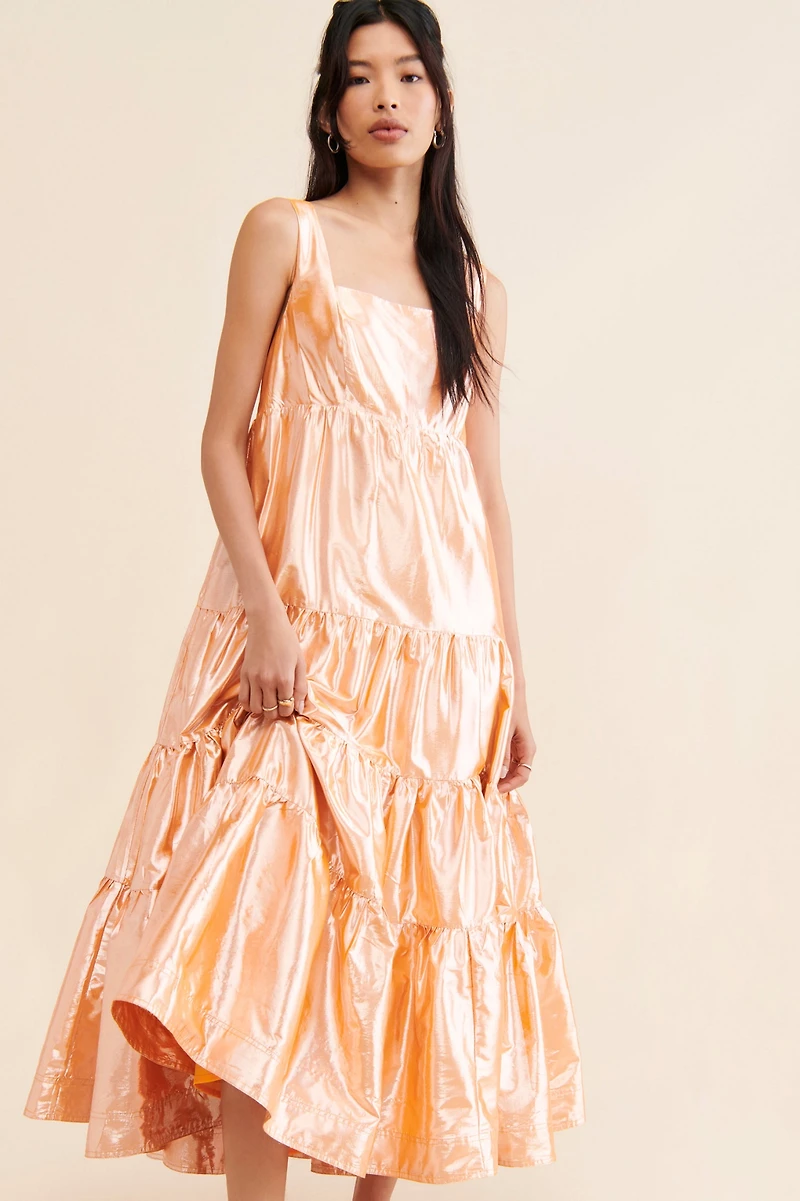 Let Me Be Tiered Maxi Metallic Dress