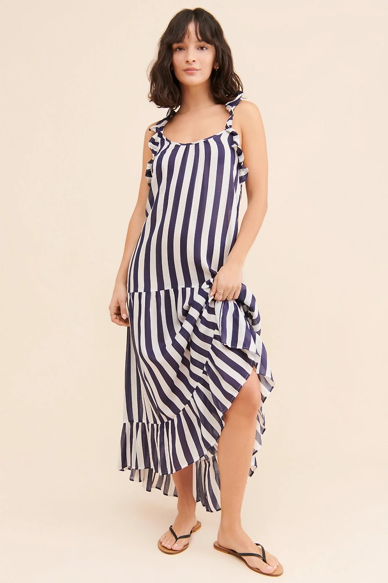 Ruffle Strap Maxi Striped Dress
