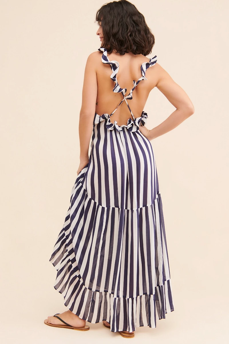 Ruffle Strap Maxi Striped Dress