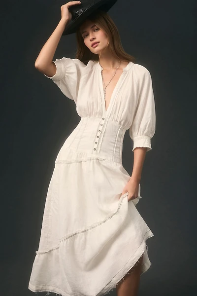 V-Neck Corset Midi Shirt Dress