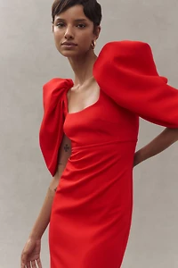Mac Duggal Puff-Sleeve Scoop-Neck Column Crepe Maxi Dress