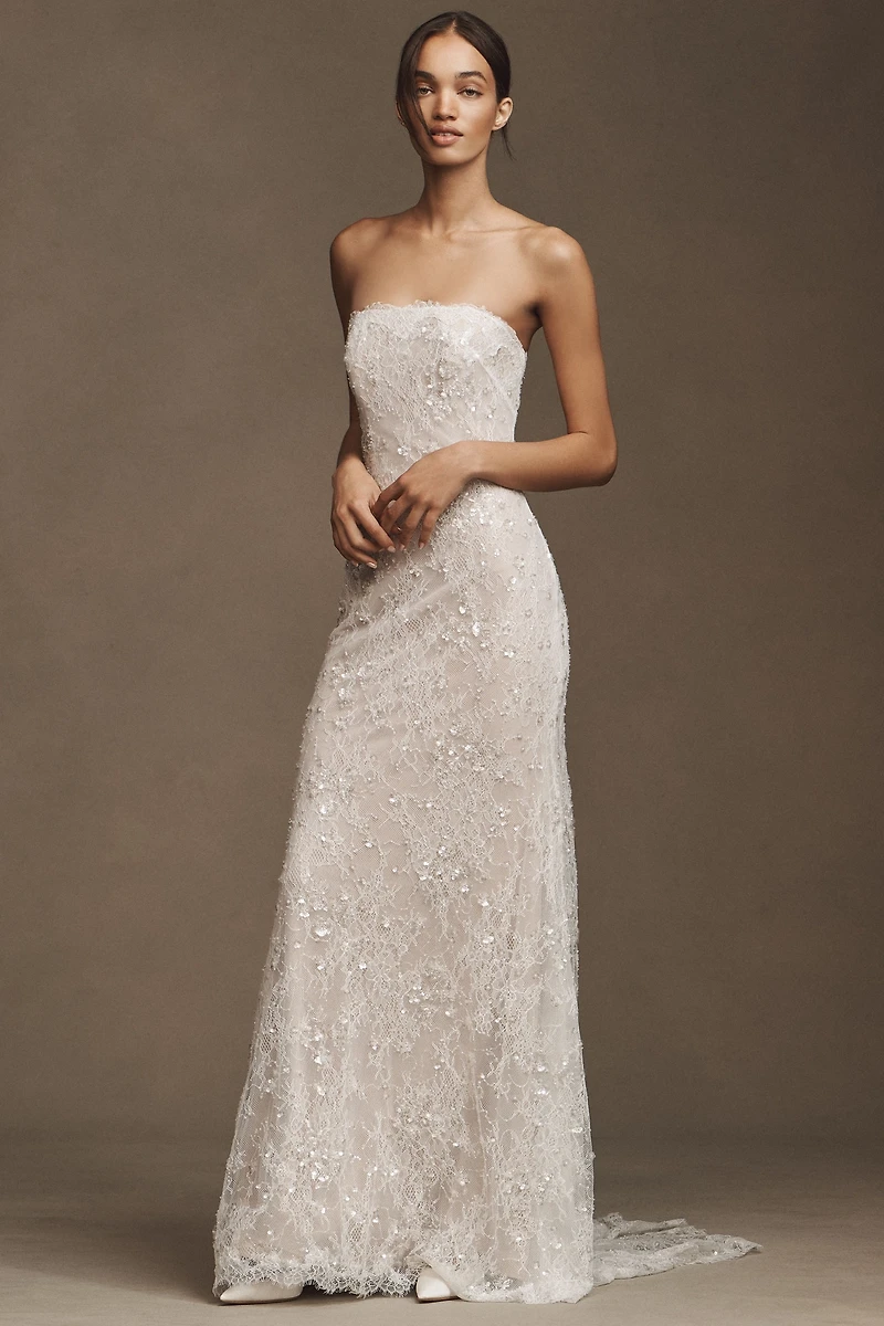 Watters Maeve Strapless Sequin Lace Sheath Wedding Gown