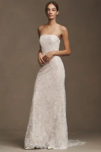 Watters Maeve Strapless Sequin Lace Sheath Wedding Gown