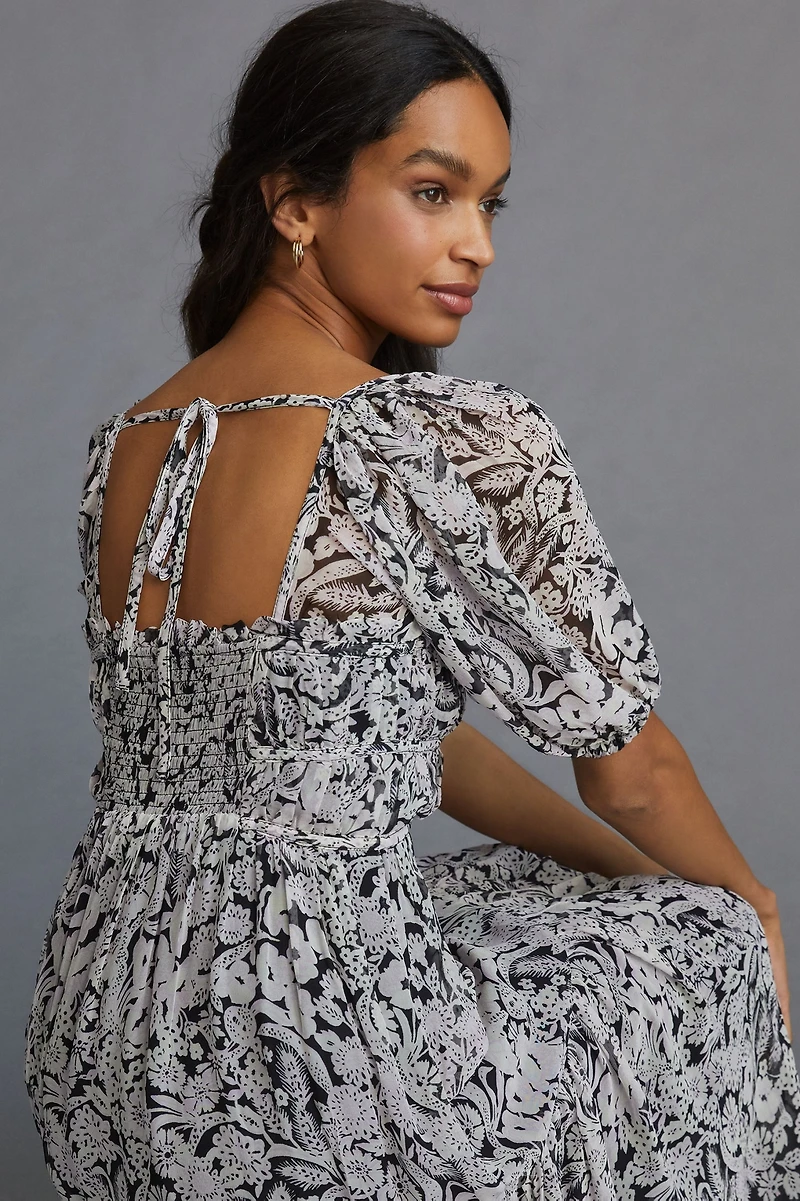 Squareneck Smocked Midi Dress