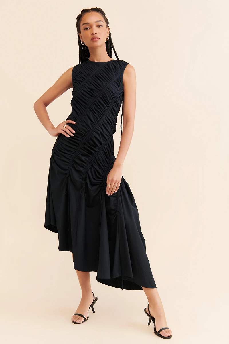 Let Me Be Ruched Asymmetrical Hem Midi Dress