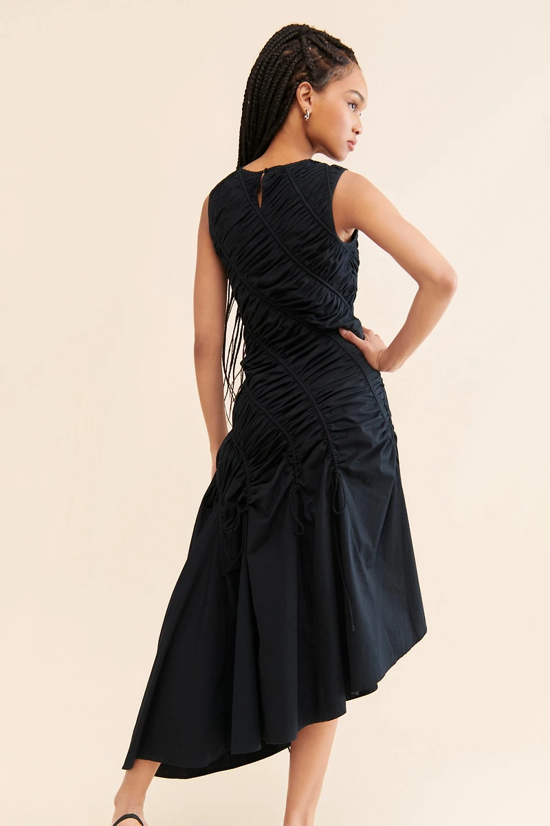 Let Me Be Ruched Asymmetrical Hem Midi Dress