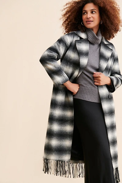 Avec Les Filles Plaid Fringe Hem Coat