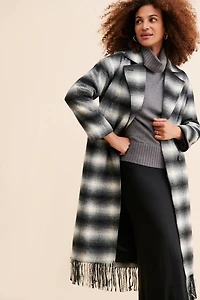 Avec Les Filles Plaid Fringe Hem Coat