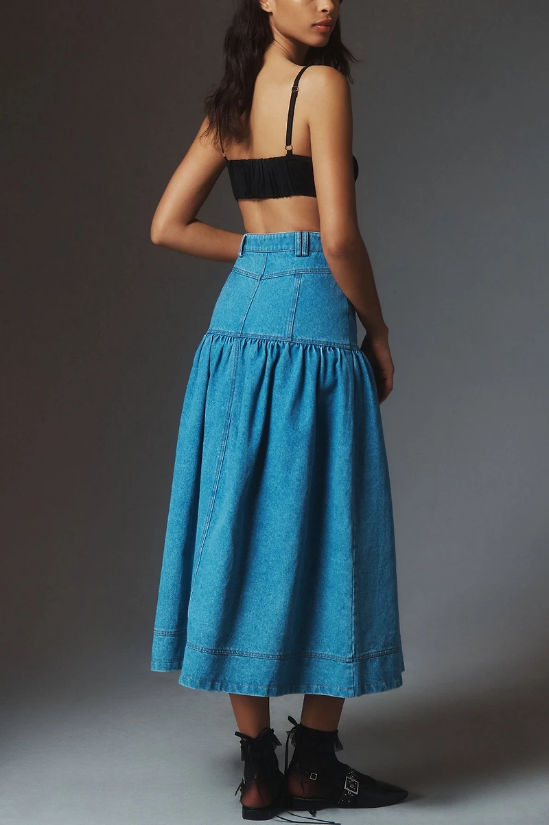 Moon River Basque-Waist Denim Midi Skirt