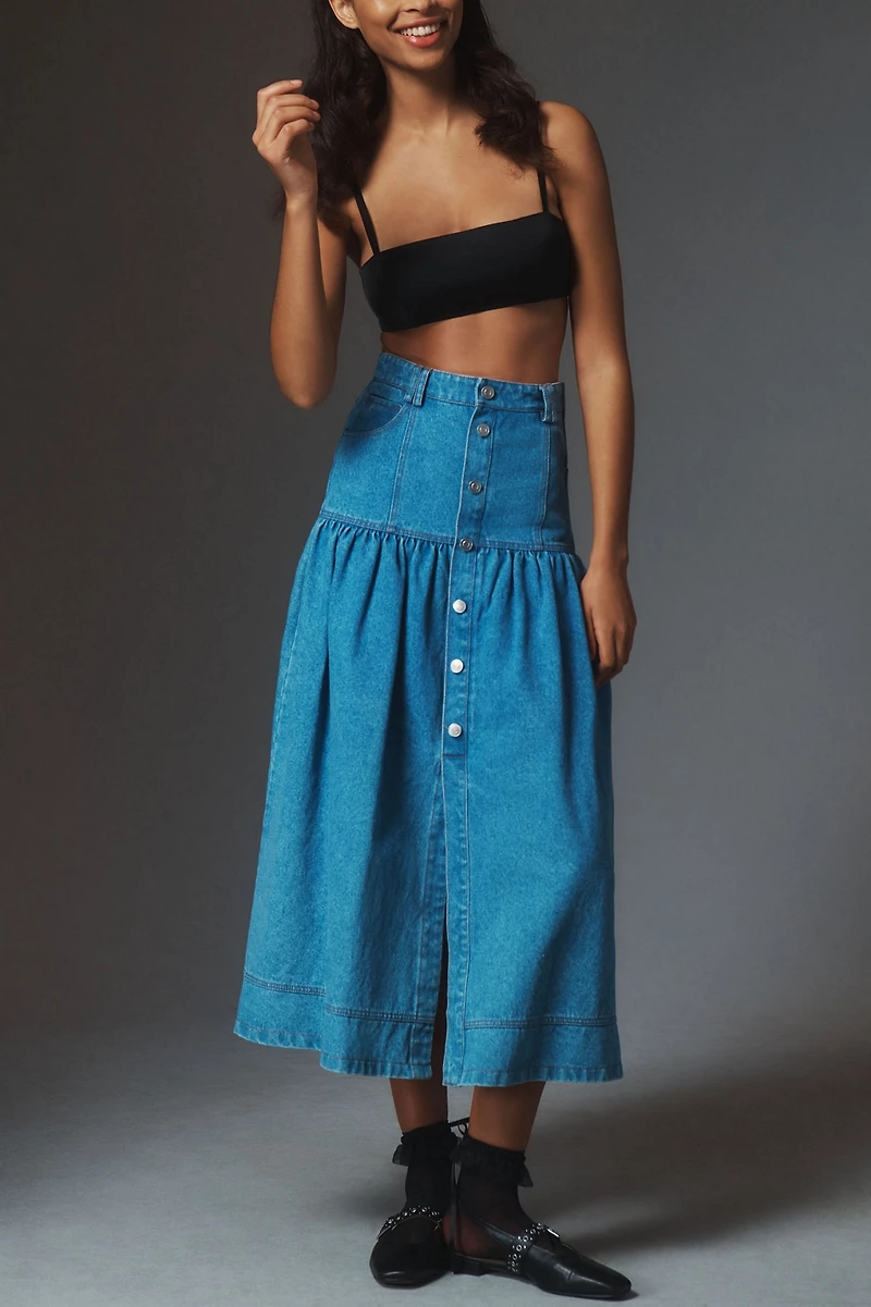 Moon River Basque-Waist Denim Midi Skirt