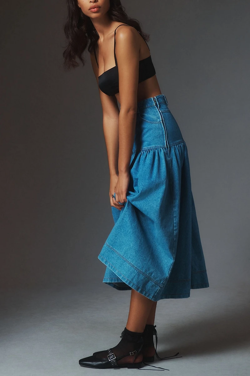Moon River Basque-Waist Denim Midi Skirt