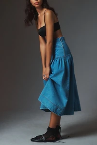 Moon River Basque-Waist Denim Midi Skirt