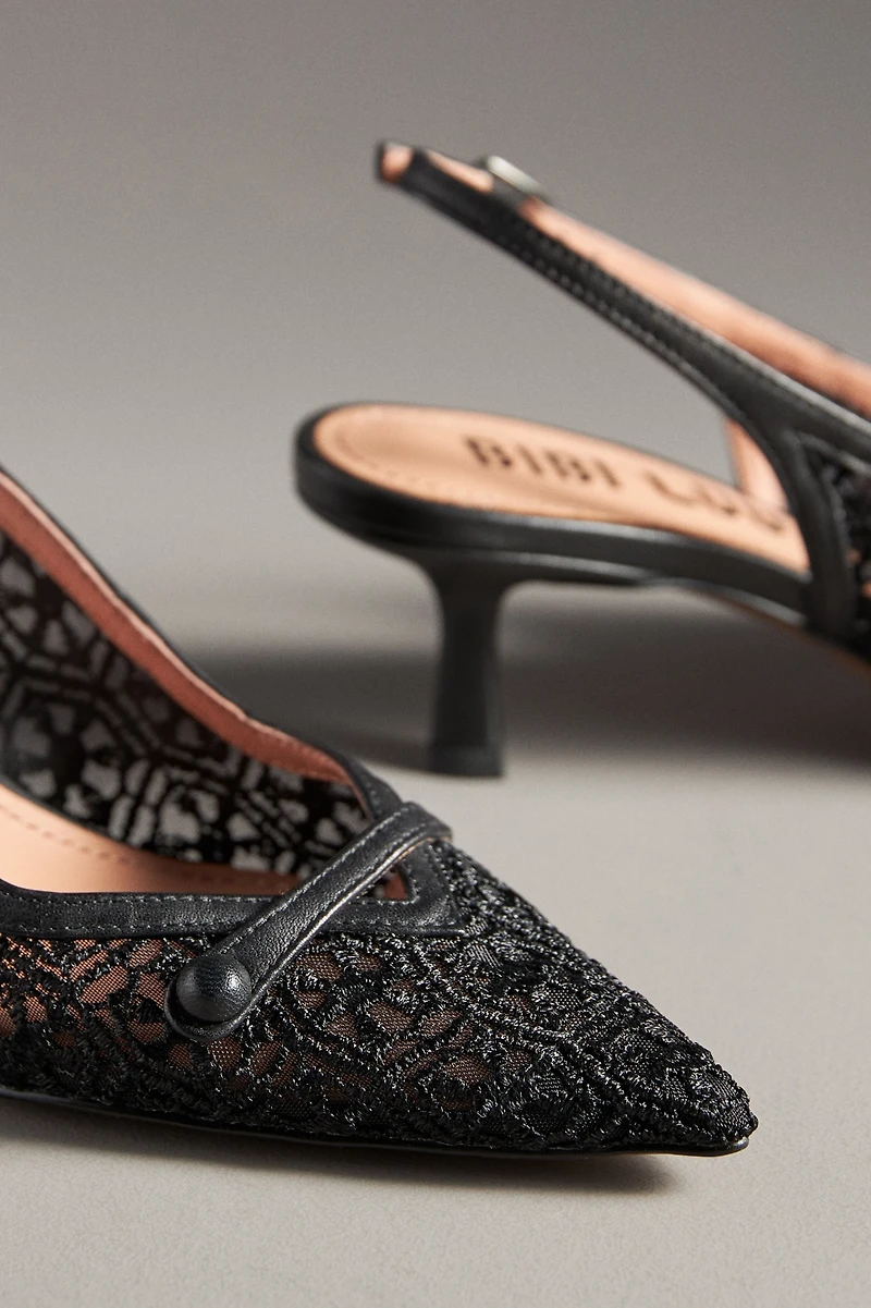 Bibi Lou Embroidered Mesh Slingback Kitten Heels
