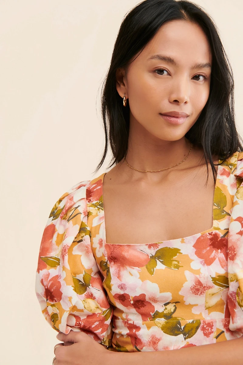 Moon River Square Neck Puff-Sleeve Dress