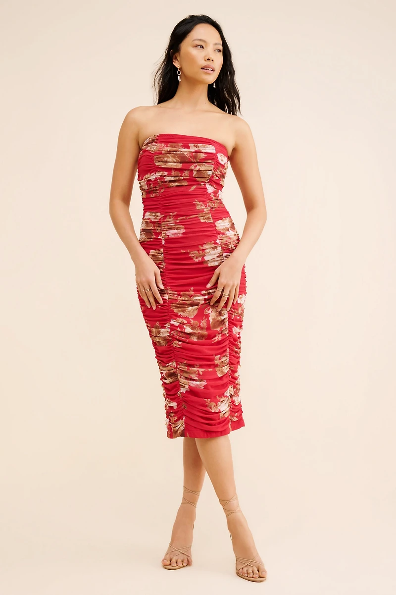 Let Me Be Ruched Mesh Midi Dress