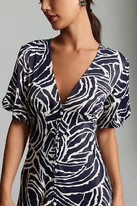 Short-Sleeve V-Neck Button-Front Midi Dress