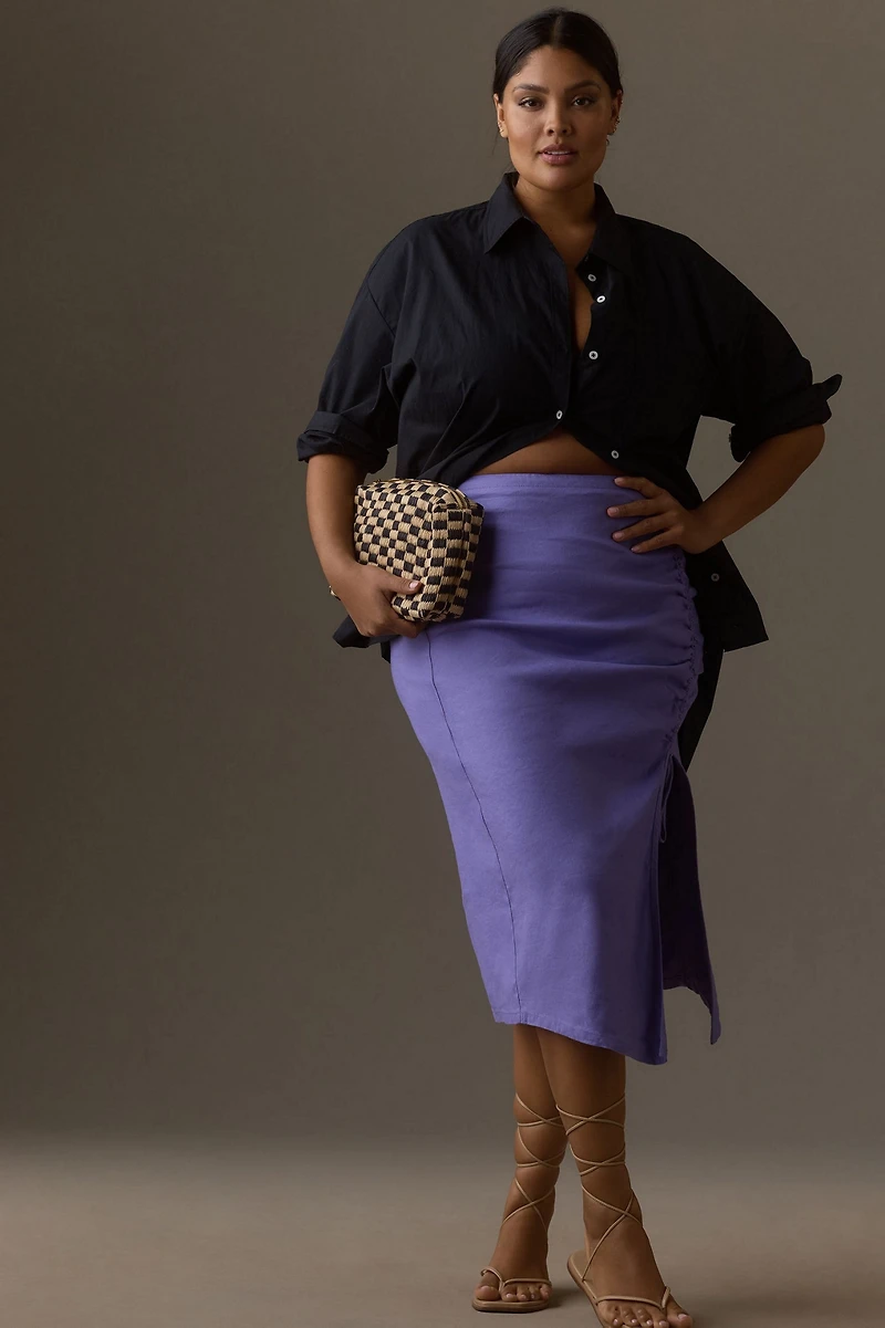 Ruched Side-Slit Midi Skirt