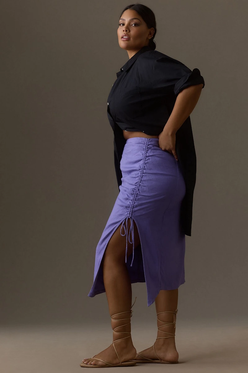 Ruched Side-Slit Midi Skirt