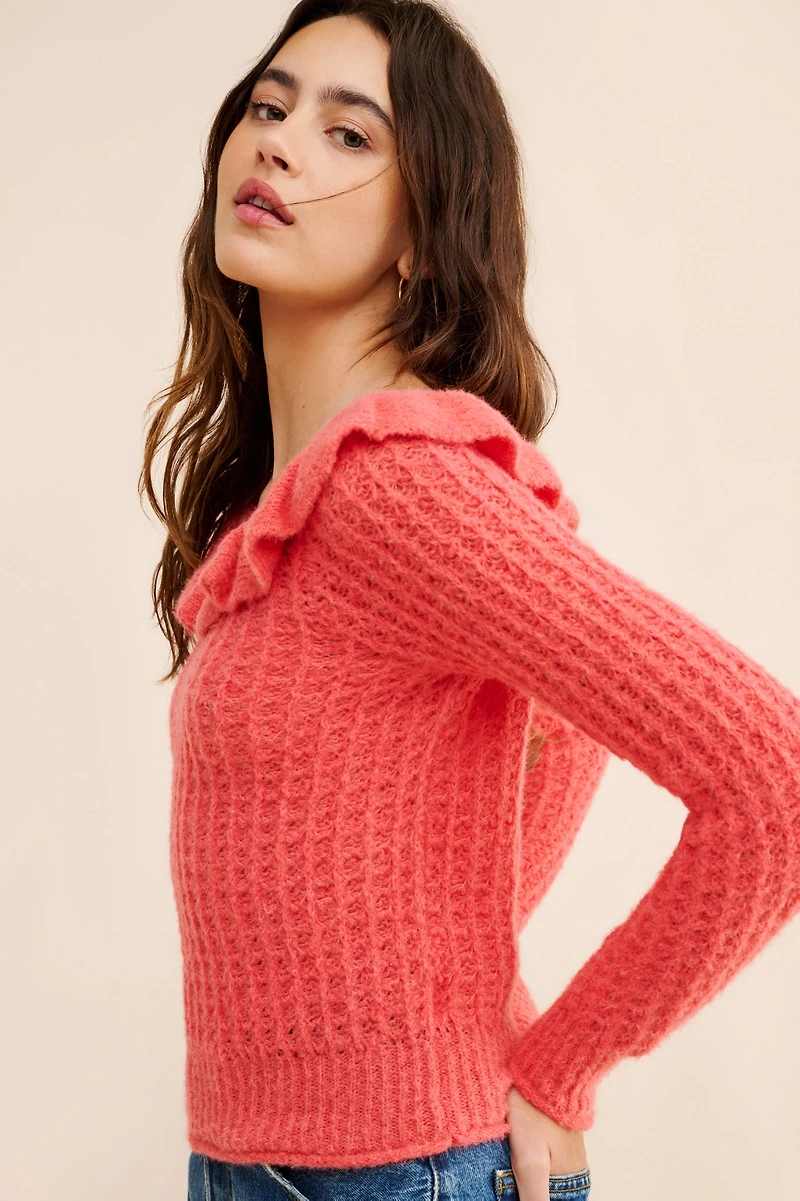 Ruffled Boat Neck Sweater