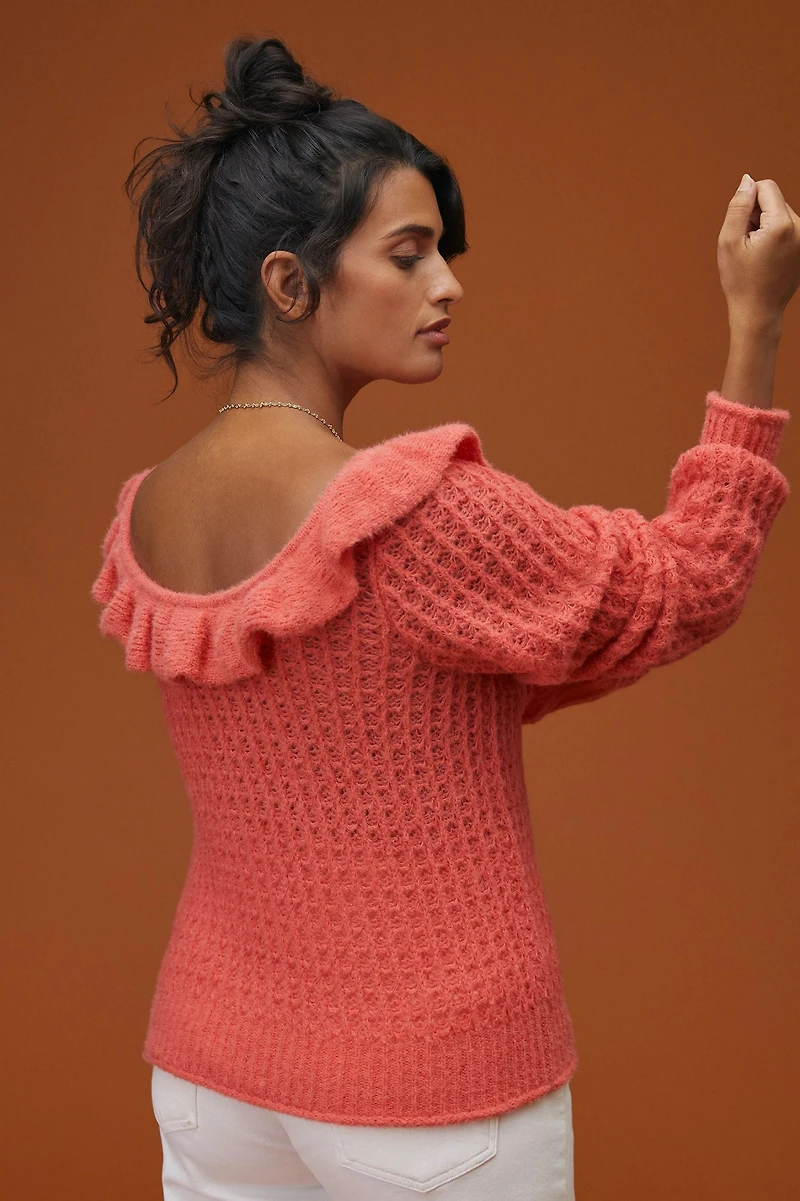 Ruffled Boat Neck Sweater