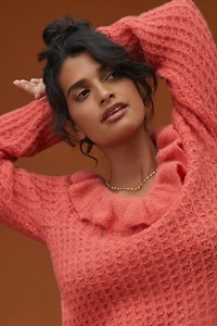 Ruffled Boat Neck Sweater