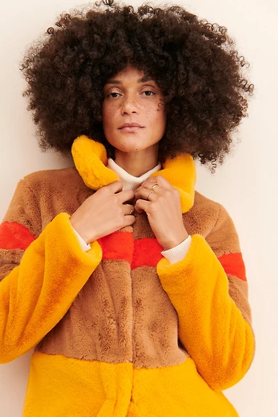 Hutch Colorblock Stripe Faux Fur Coat