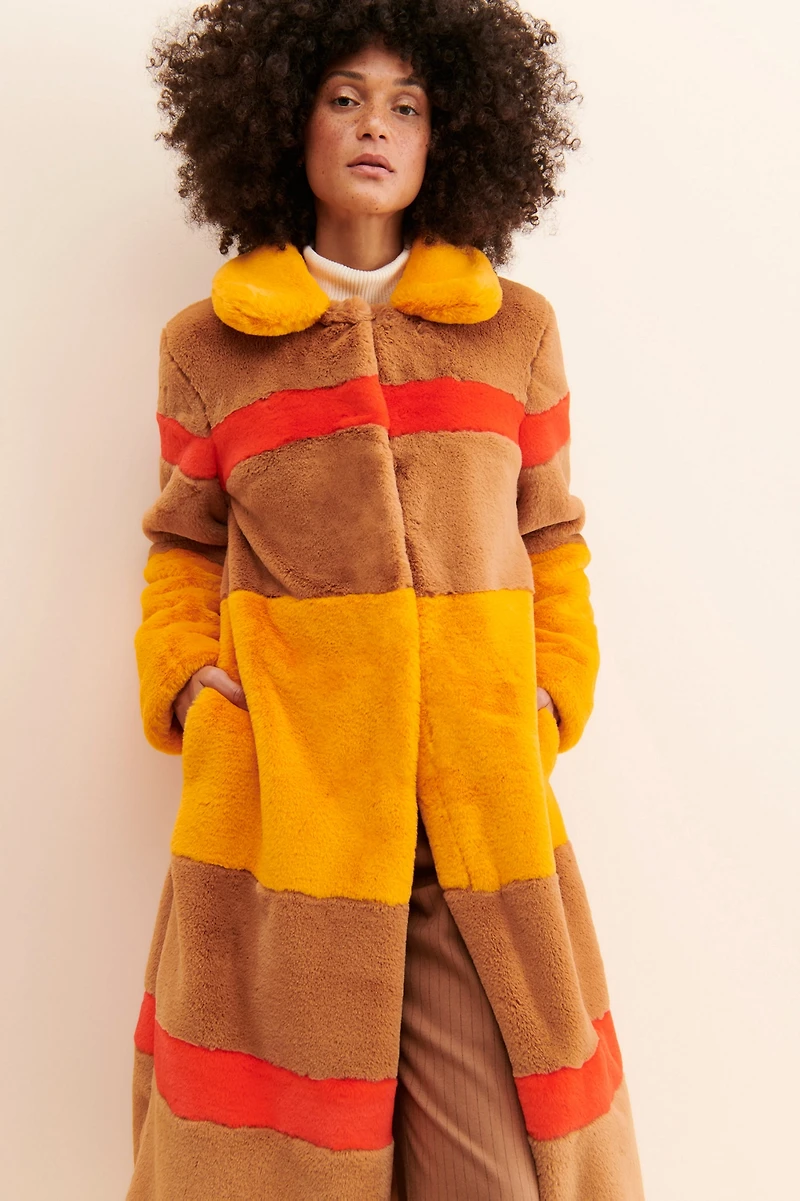 Hutch Colorblock Stripe Faux Fur Coat
