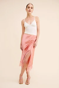 Bias-Cut Lace-Trim Midi Skirt