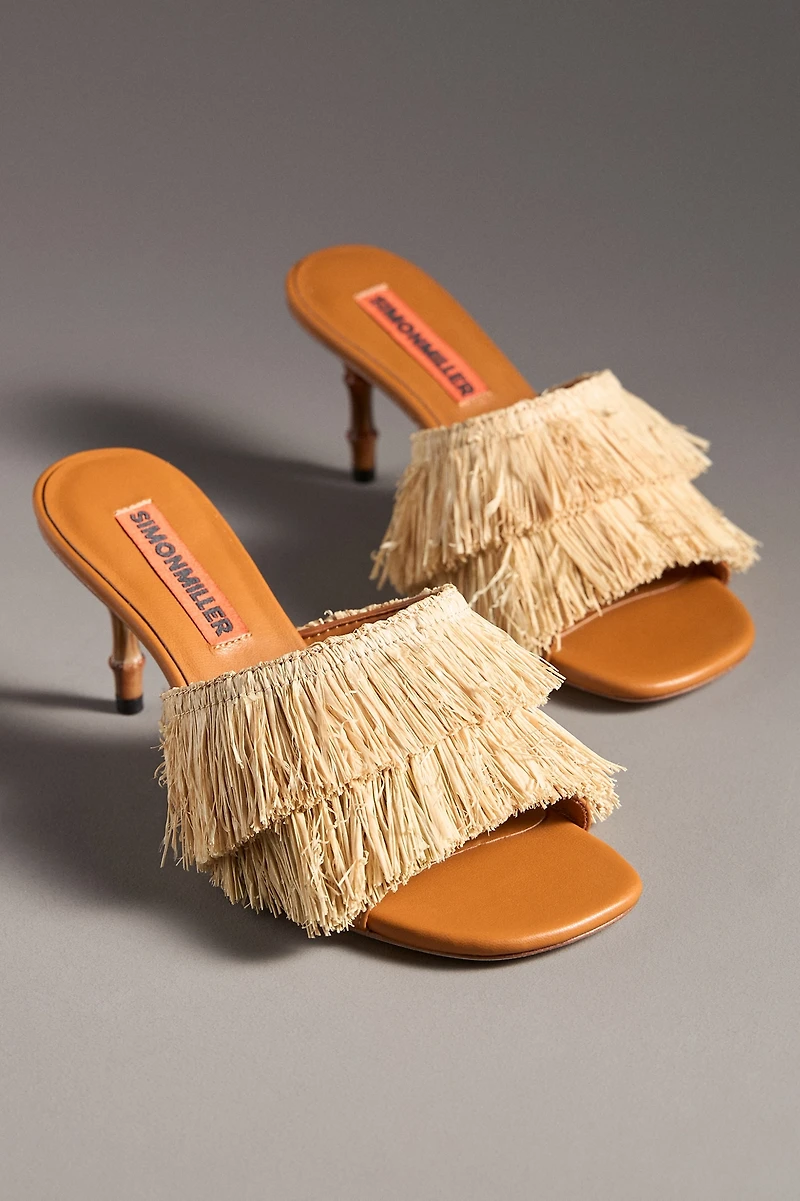 SIMONMILLER Raffia Fringe Playa Bamboo Mule Heels
