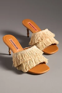 SIMONMILLER Raffia Fringe Playa Bamboo Mule Heels