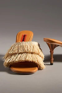 SIMONMILLER Raffia Fringe Playa Bamboo Mule Heels