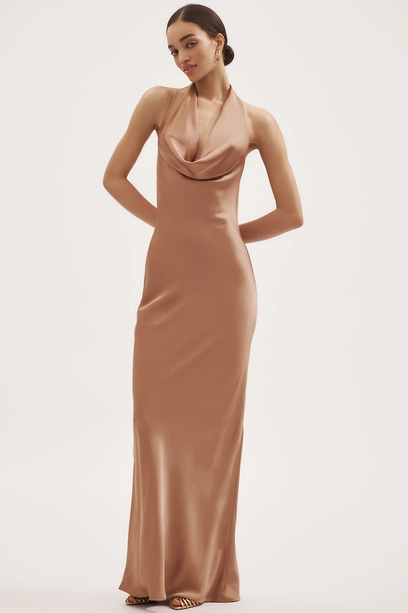 Norma Kamali Halter Draped Cowl-Neck FIshtail Maxi Dress