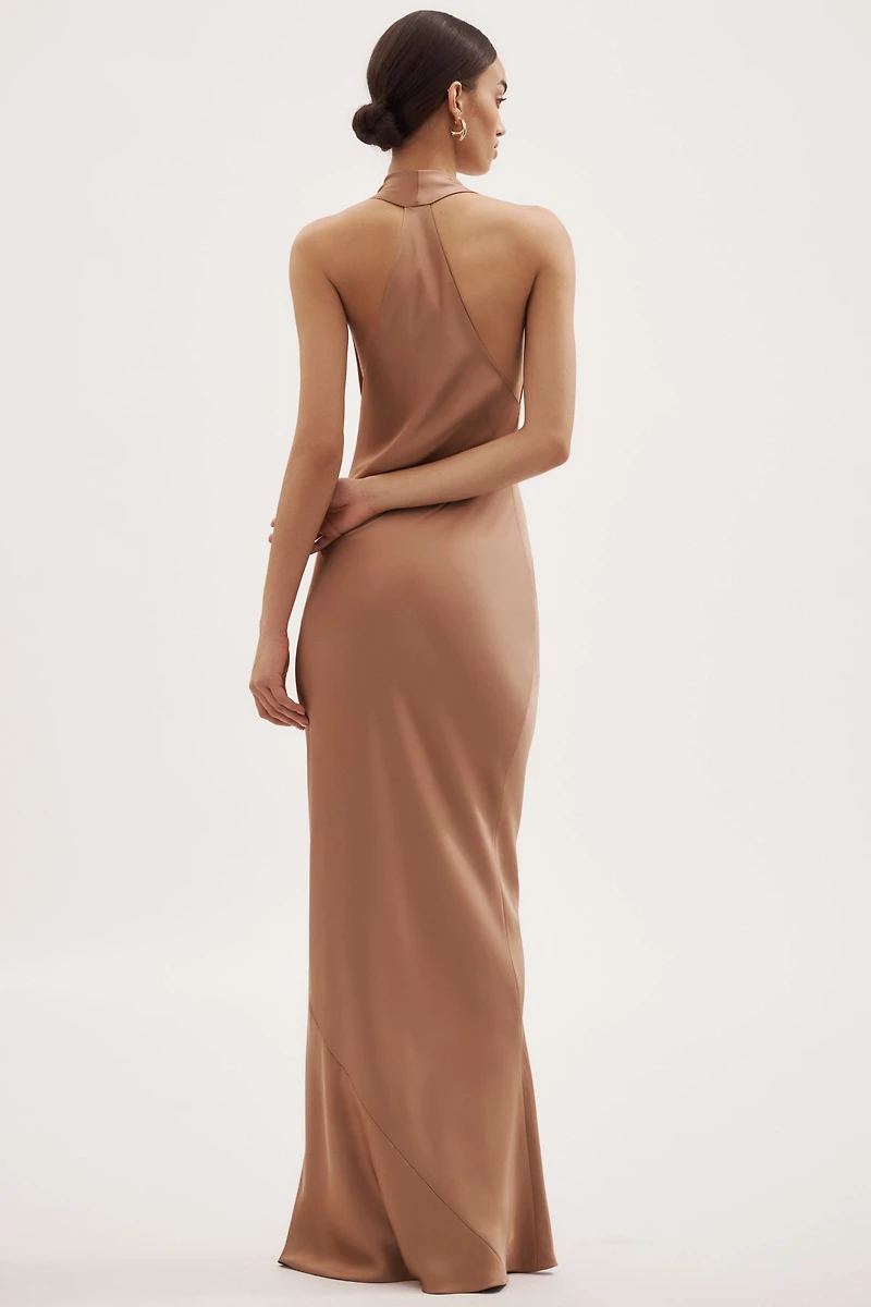 Norma Kamali Halter Draped Cowl-Neck FIshtail Maxi Dress