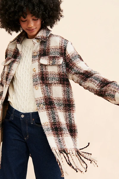 Avec Les Filles Plaid Fringe Hem Shirt Jacket