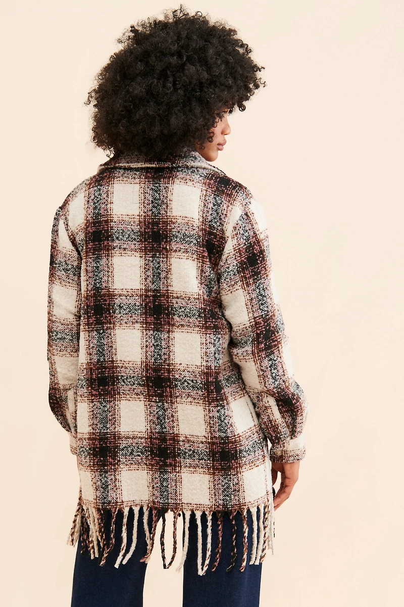 Avec Les Filles Plaid Fringe Hem Shirt Jacket