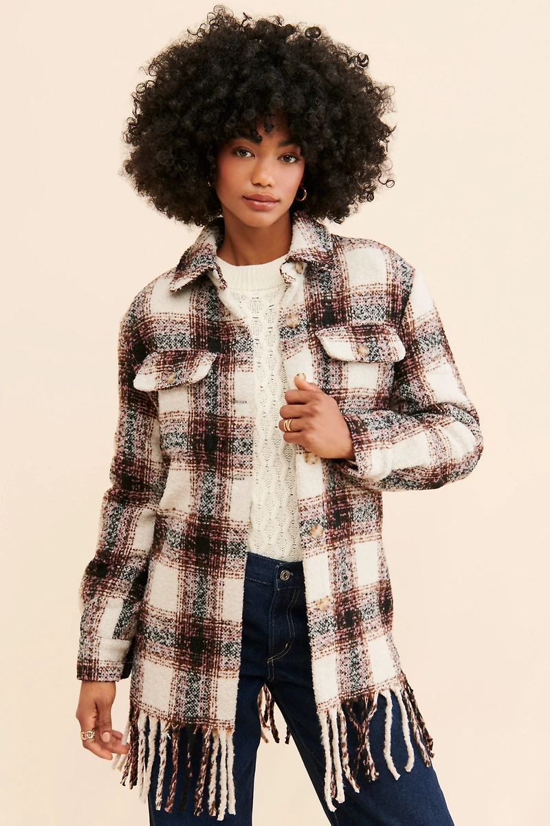 Avec Les Filles Plaid Fringe Hem Shirt Jacket