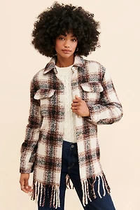Avec Les Filles Plaid Fringe Hem Shirt Jacket