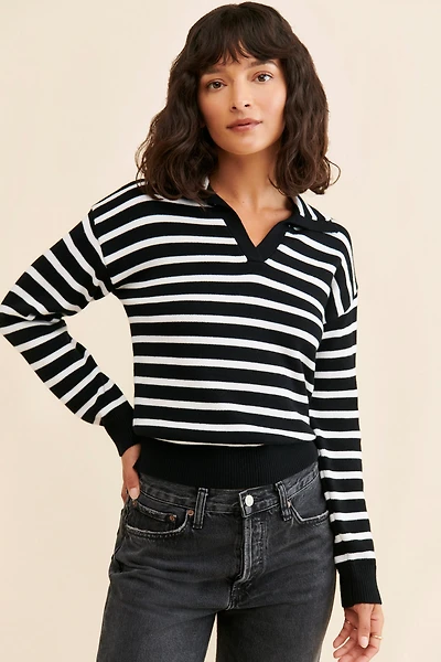 Flat White Striped Polo Knit Sweater