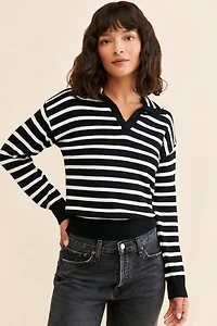 Flat White Striped Polo Knit Sweater