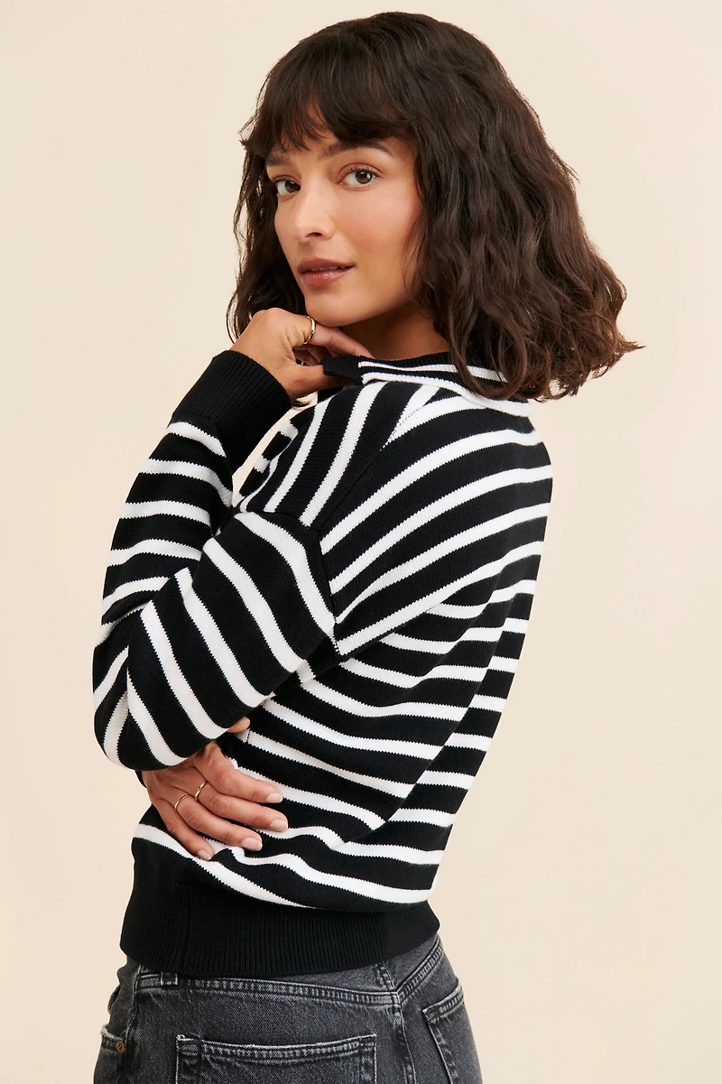 Flat White Striped Polo Knit Sweater