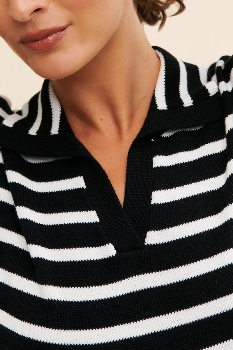 Flat White Striped Polo Knit Sweater