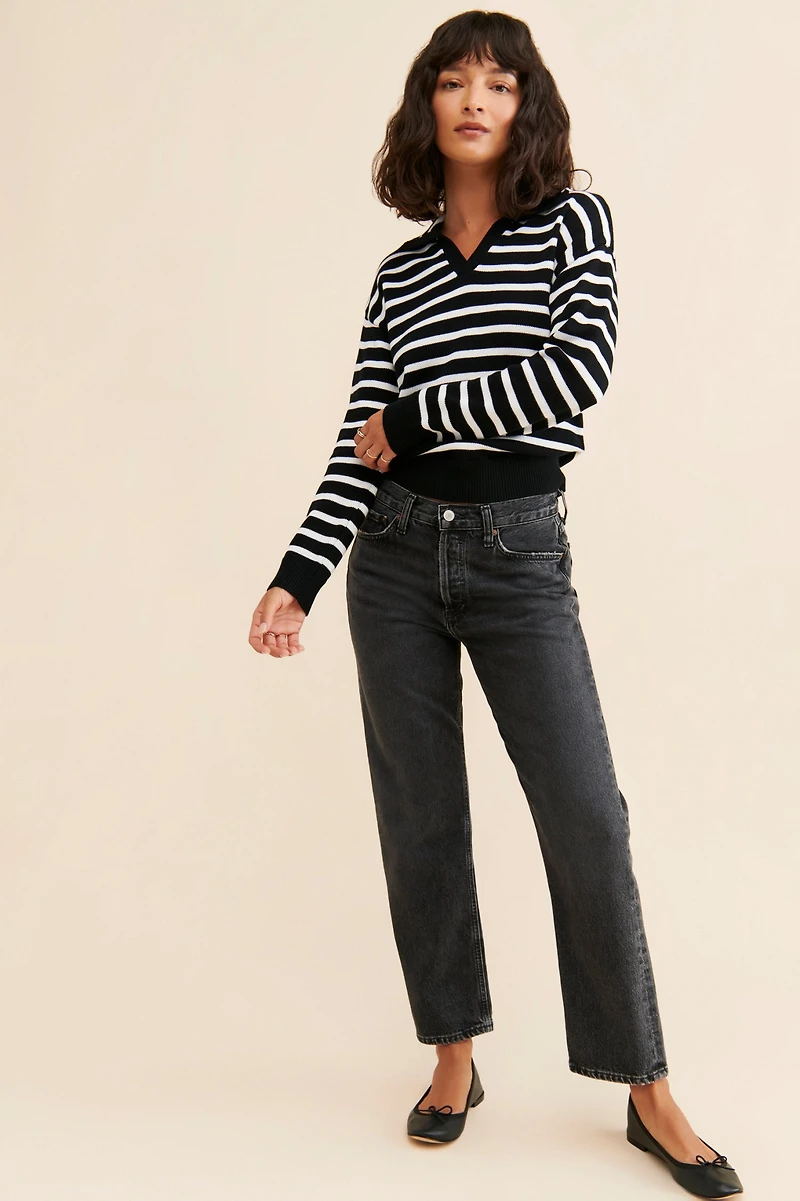 Flat White Striped Polo Knit Sweater