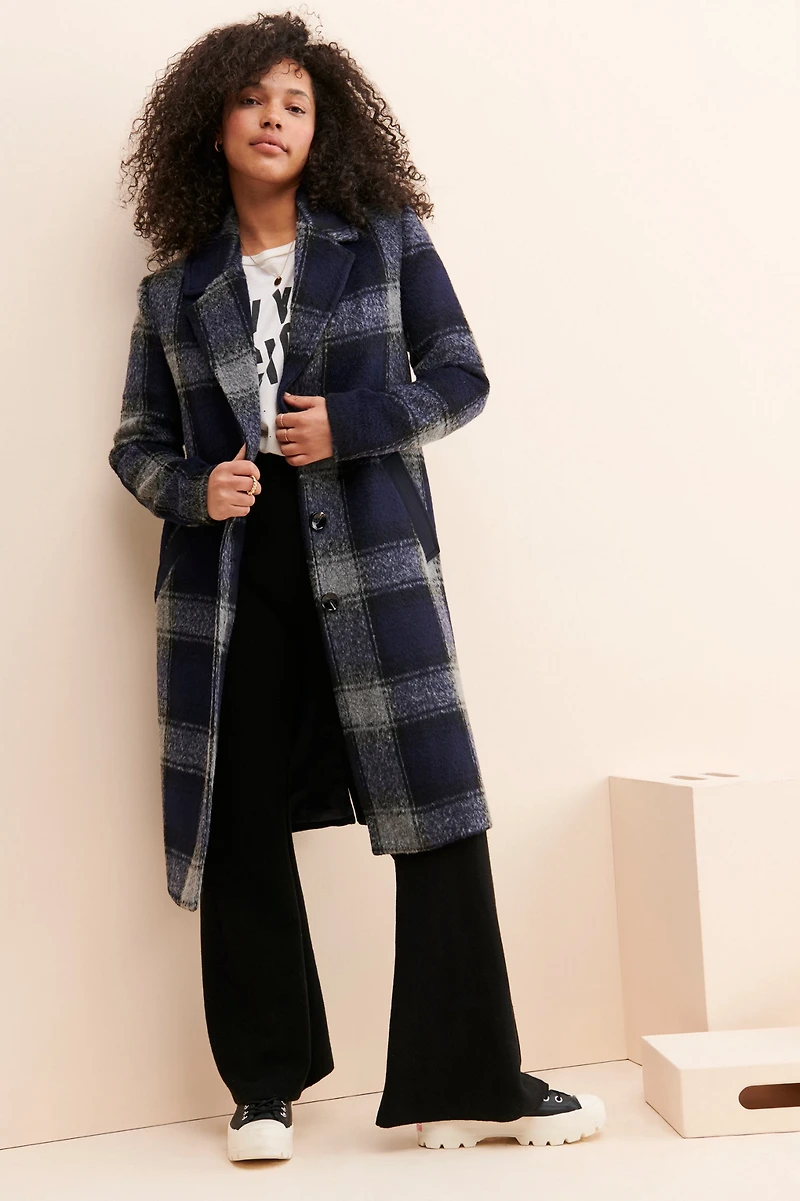 Bernardo Fuzzy Plaid Overcoat