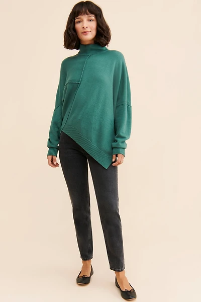 Flat White Asymmetrical Hem Turtleneck Sweater