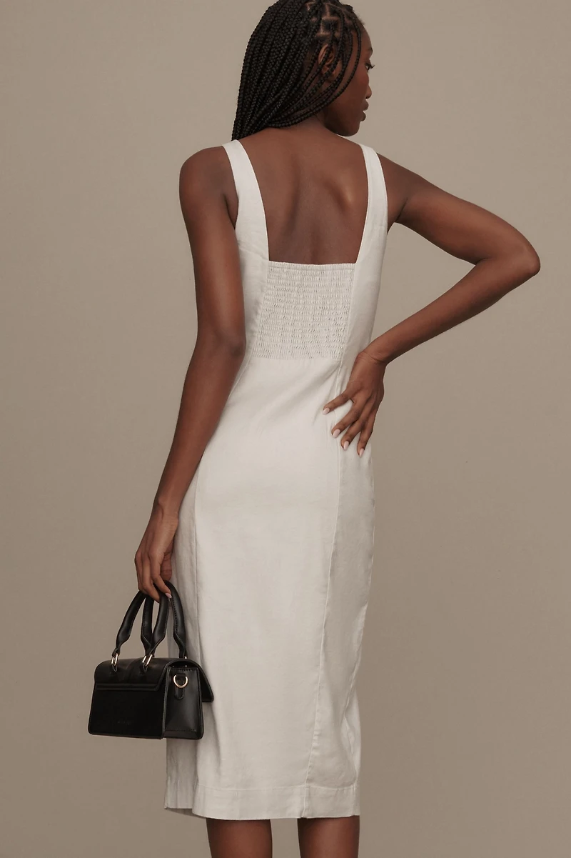 Sleeveless Square-Neck Linen Button Wrap Midi Dress