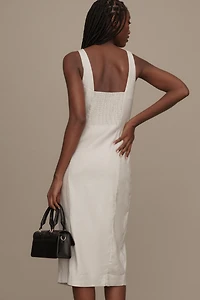 Sleeveless Square-Neck Linen Button Wrap Midi Dress