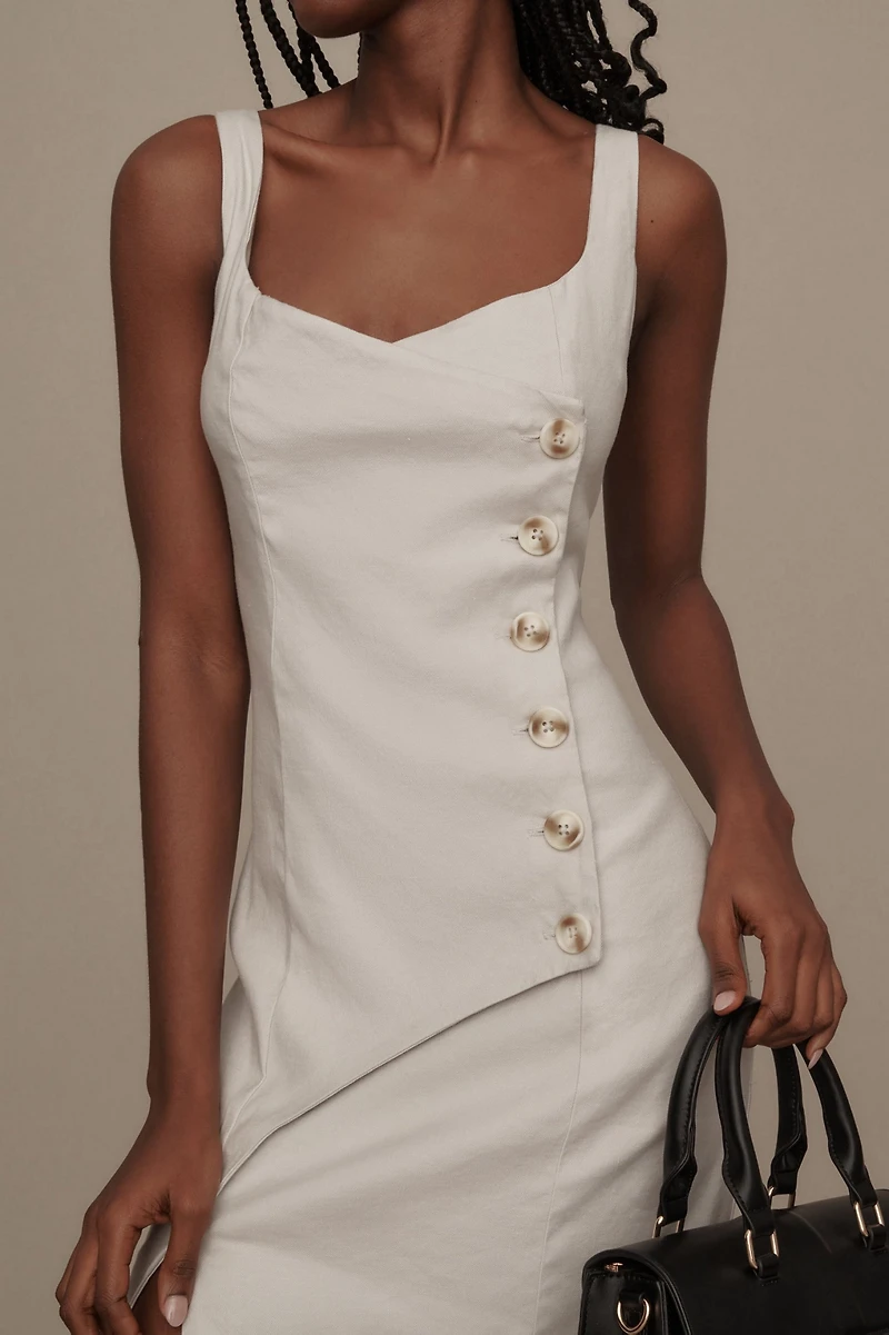 Sleeveless Square-Neck Linen Button Wrap Midi Dress