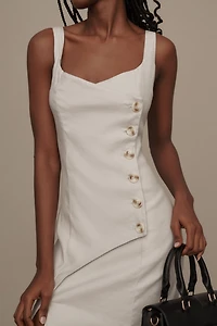 Sleeveless Square-Neck Linen Button Wrap Midi Dress