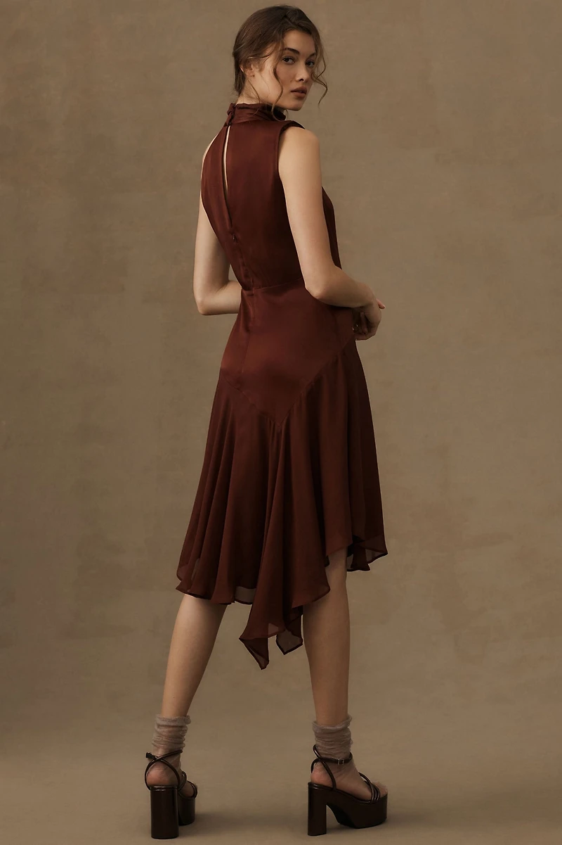 Mock-Neck Asymmetrical Draped Midi Dress