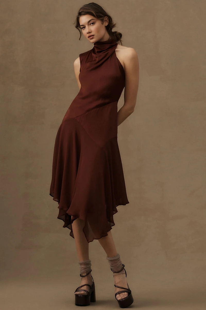 Mock-Neck Asymmetrical Draped Midi Dress